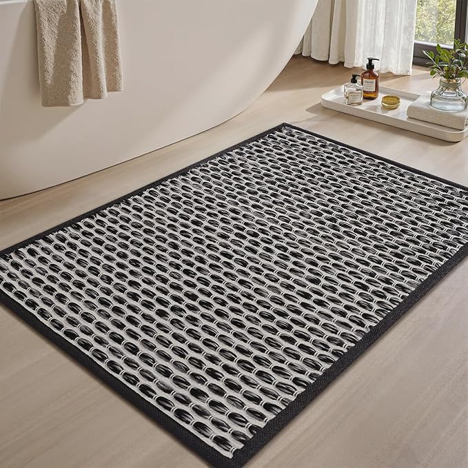 AMOAMI Unique Woven Bath Mat, Super Absorbent Non Slip Bath Mats for Bathroom Floor Textured Bathroom Mat Quick Dry Washable Bath Rug Boho Thin Rugs for Bathroom Beside Tub, 20" x 32", Black
