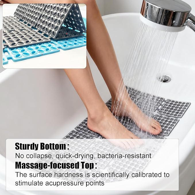 Non Slip Shower Mat for Bathtub with Strong Suction Cups | Quick-Dry Drain holes.Firm Yet Elastic Surface Massages Feet.Boosts Circulation.Sticks to Wall to Dry,Folds.26.2"x15.6" Gray