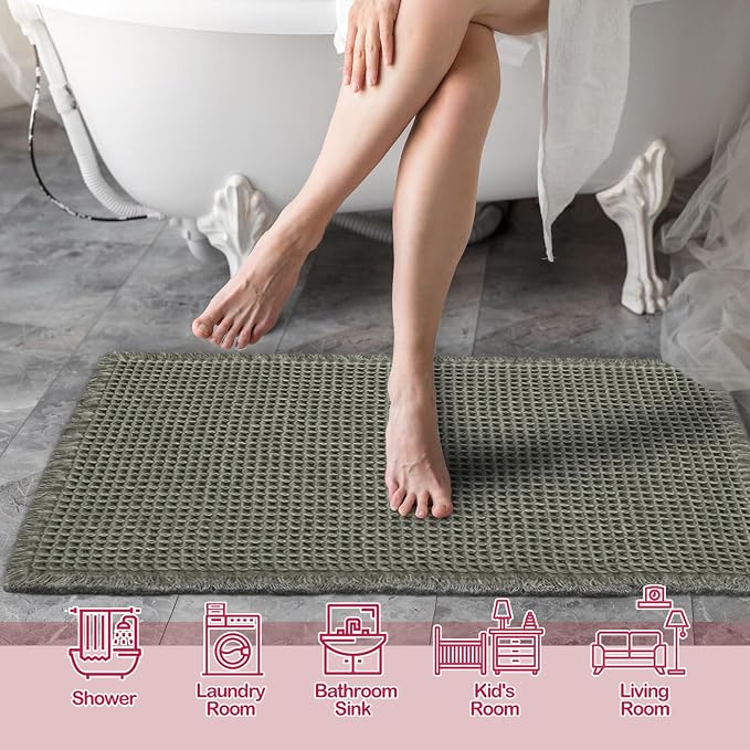ZALL Waffle Bath Mat,Super Absorbent Non Slip Bathroom Rug,Dark Green 24x48inch,Machine Washable Ultra Soft Floor Mats