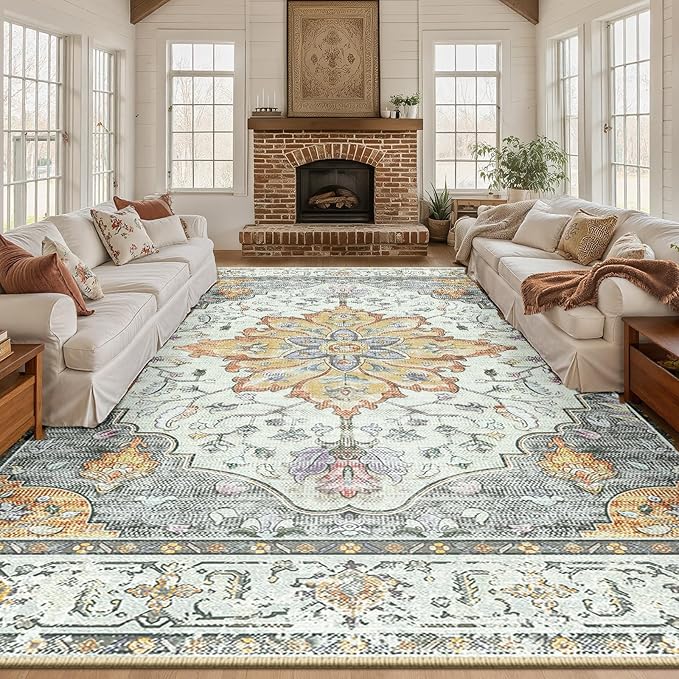 RELEANY Area Rugs Large 10'x14' Washable Non-Slip, Floral Vintage Distress Medallion Carpet for Living Room Bedroom Dining Room, Beige Carbon Grey Orange