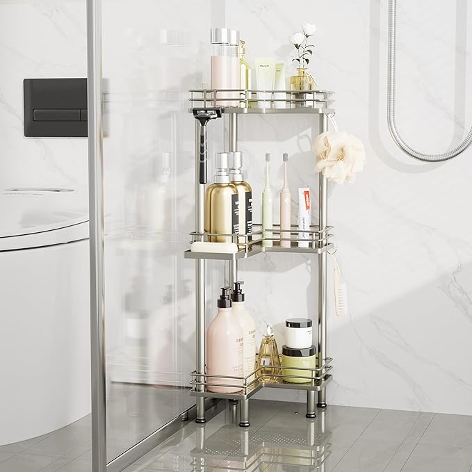 Consumest Corner Shower Caddy Standing - 3-Tier Stainless Steel Shower Organizer with Soap Holder and 4 Hooks, Large Capacity Corner Shelf Stand for Bathroom, Rest Room, Sand Nickel
