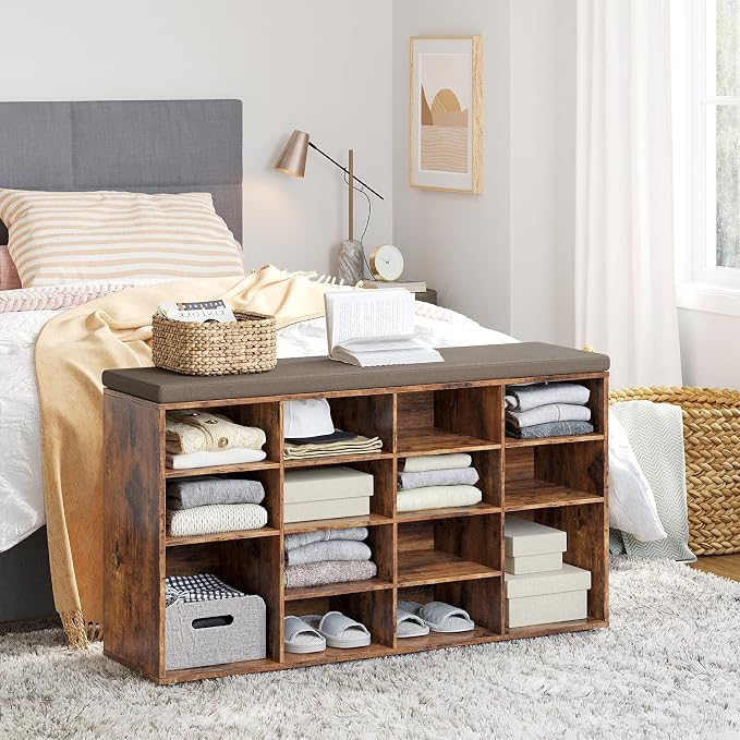 DINZI LVJ Shoe Storage Bench with Cushion, 16-Cubby Shoe Rack, Adjustable Shelves, Multifunctional Shoe Organizer Bench for Entryway, Mudroom, Hallway, Living Room, Bedroom and Garage, Rustic Brown