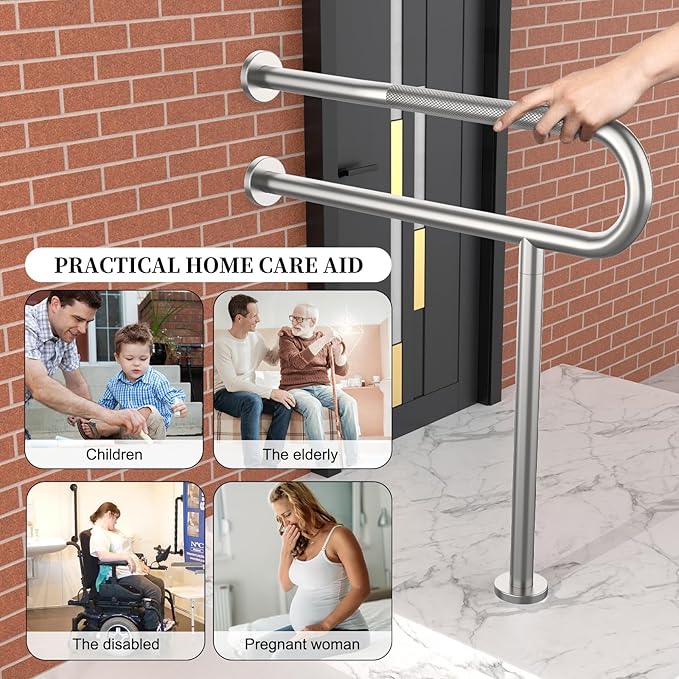 Toilet Support Rail 32 Inch, Munzong Anti-Slip Satin Brushed Nickel Handicap Grab Bar for Bathroom, Stainless Steel Knurled Safety handrails with Leg for Elderly Disabled Pregnant-1.25’Tube