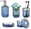 LaMarriti Blue Bathroom Accessories Set, 5Pcs Clear Glass Bathroom Accessories, Hand Soap Dispenser, Soap Dish, Toothbrush Holder Set, Qtips Holder for Crystal Vintage Bath Countertop Decor, Gift Set
