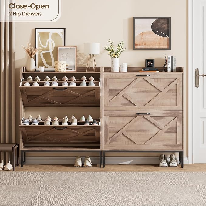 Nicetree Shoe Cabinet with 2 Flip Drawers，Freestanding Shoe Storage Cabinet, Narrow Shoe Organizer Cabinet, Farmhouse Slim Shoe Rack Cabinet for Entryway,Toasted Oak