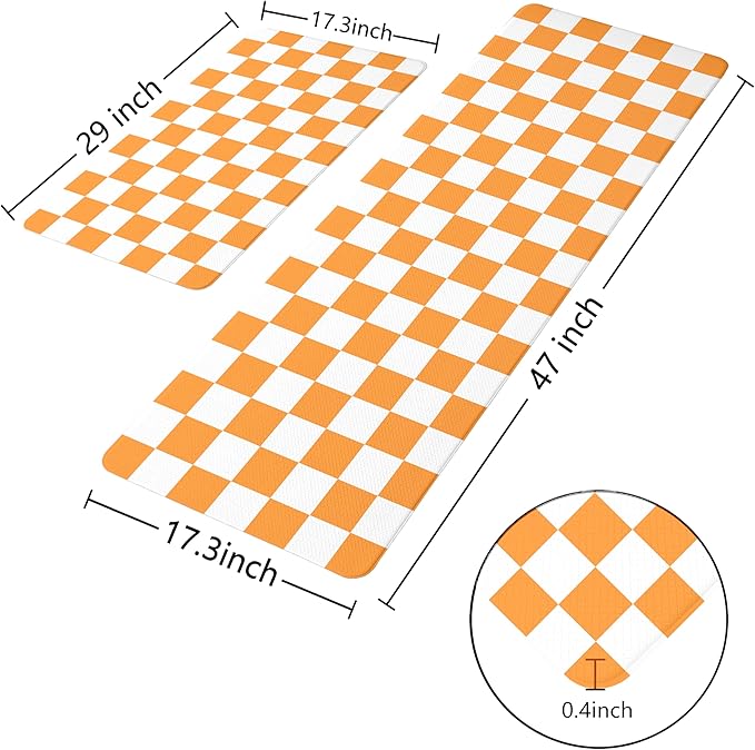 White Orange Checkered Grid Checkerboard Kitchen Rug Sets [2 PCs], Anti-Fatigue, Waterproof Non-Slip Kitchen Mats Heavy Duty Comfort Foam Rug for Kitchen, Floor, Laundry,17"x29"+17"x47"