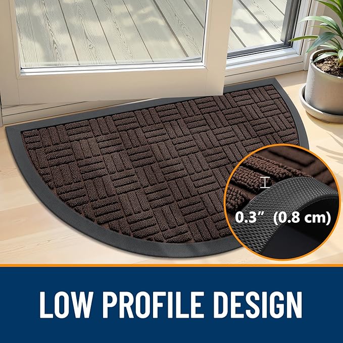 OLANLY Half Circle Door Mat Outside Entrance 29.5x17, Absorbent, Heavy Duty Sturdy Natural Rubber Doormat Indoor Outdoor, Fade Resistant, Non-Slip Backing Low Profile Floor Mat for Entryway, Brown