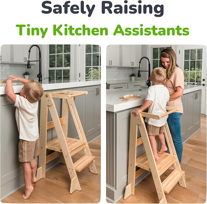 OCODILE Adjustable Foldable Toddler Tower – Folding Tower for Kids | Montessori Toddler Kitchen Step Stool Helper for Independence - Varnished