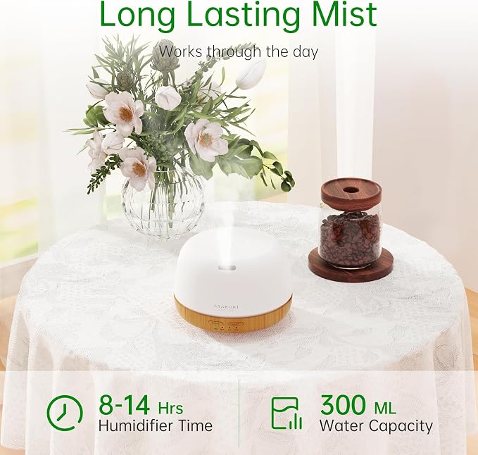 ASAKUKI Essential Oil Diffuser, 300ml Ultrasonic Aromatherapy Oil Humidifier with 7 Colors LED Lights, 2 Mist Mode for Home (Wood Grain)