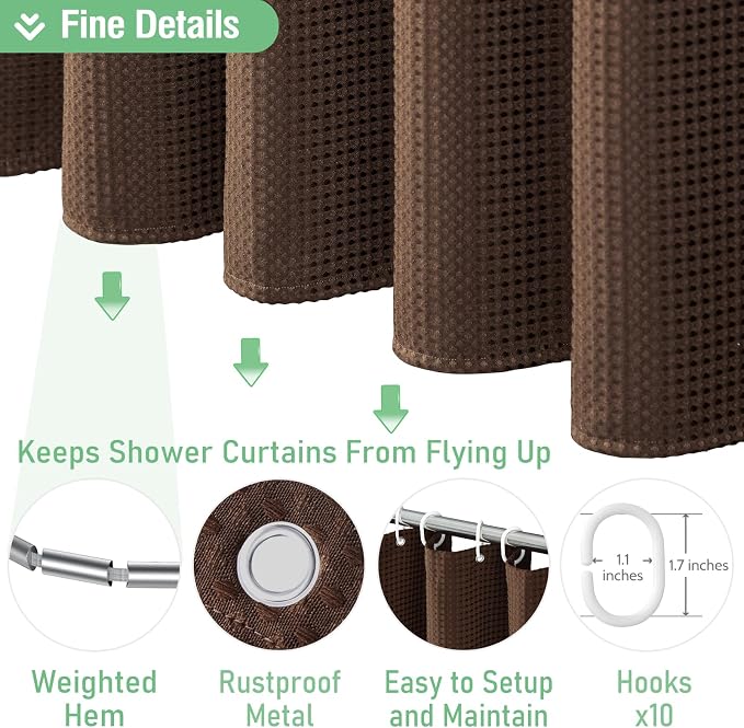 Dynamene Stall Fabric Shower Curtain - 54 inch Wide Waffle Weave Weighted Thick Cloth Shower Curtains for Bathroom, Heavy Duty Hotel Spa Luxury Bath Curtain Set with 10 Hooks, 54x72, Brown