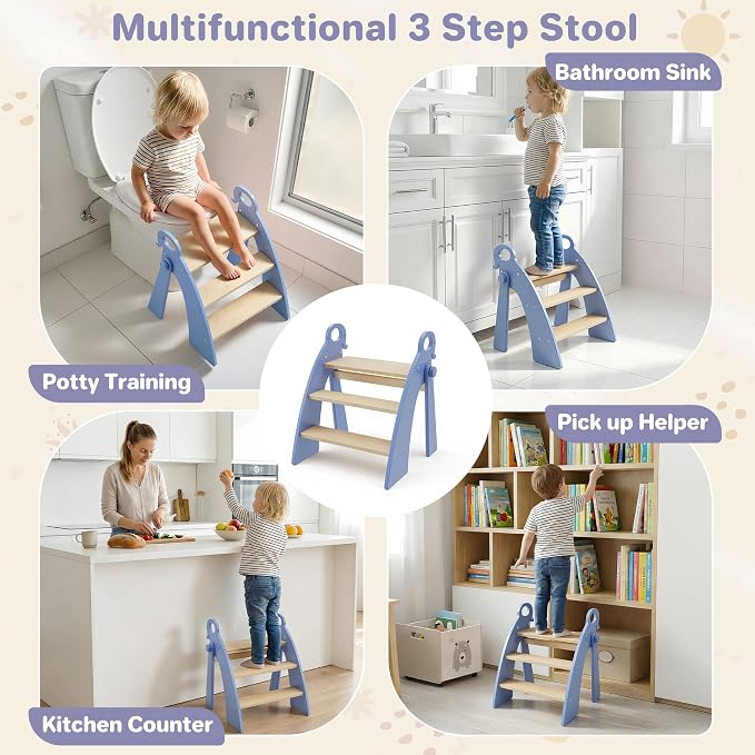 Wooden Step Stool for Toddlers, 3 Foldable Step Stool for Kids Bathroom Sink & Potty Training, Bamboo Toddler Stool with Blue Elephant Handles and Non-Slip Pads for Bedroom, Kitchen Helper