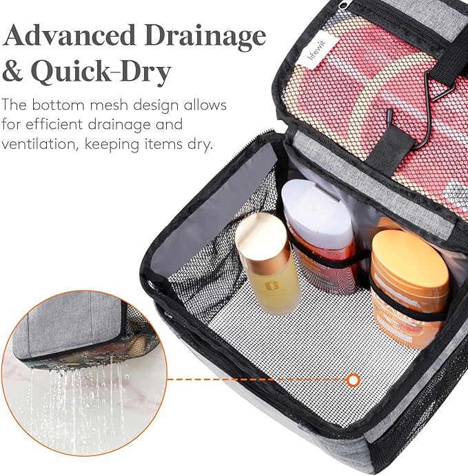 Lifewit Mesh Shower Caddy Bag Portable, Quick Dry Hanging Bathroom Organizer with PVC Phone Bag, College Dorm Room Essentials for Travel, Gym, Camping, Toiletry Tote for Women Men, Medium, Grey
