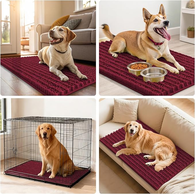 Smiry Dog Door Mat for Muddy Paws 59x24, Absorbent Dirt Trapper, Non-Slip Washable Chenille Entryway Rug for Inside Floor, Burgundy, Layered Pattern