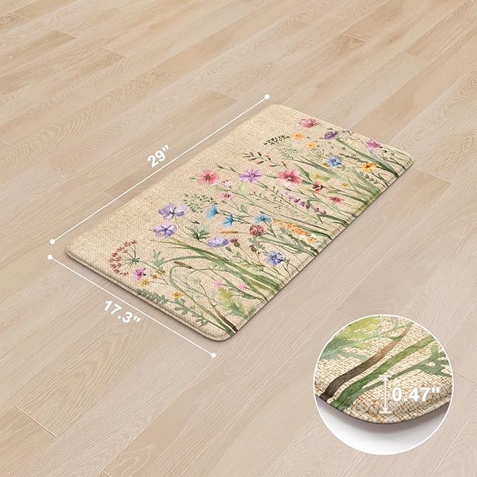 KIMODE Anti Fatigue Mats for Kitchen Floor 17.3"x29", Cushioned Kitchen Rugs, Non Slip Waterproof Kitchen Floor Mat, Floral Comfort Standing Mat for Laundry, Office, Sink, Desk Brown