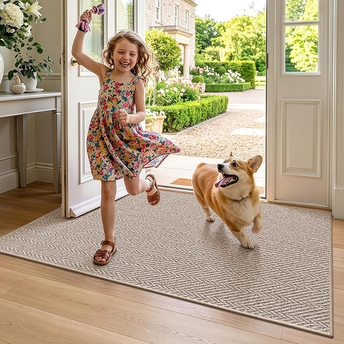 LUMI Ultra Thin Indoor Door Mat for Entrance 24"x36", Non Slip Entryway Mat, Low Profile Doormat, Unique Herringbone Design Carpet for Inside, Patio, Porch, Deep Beige