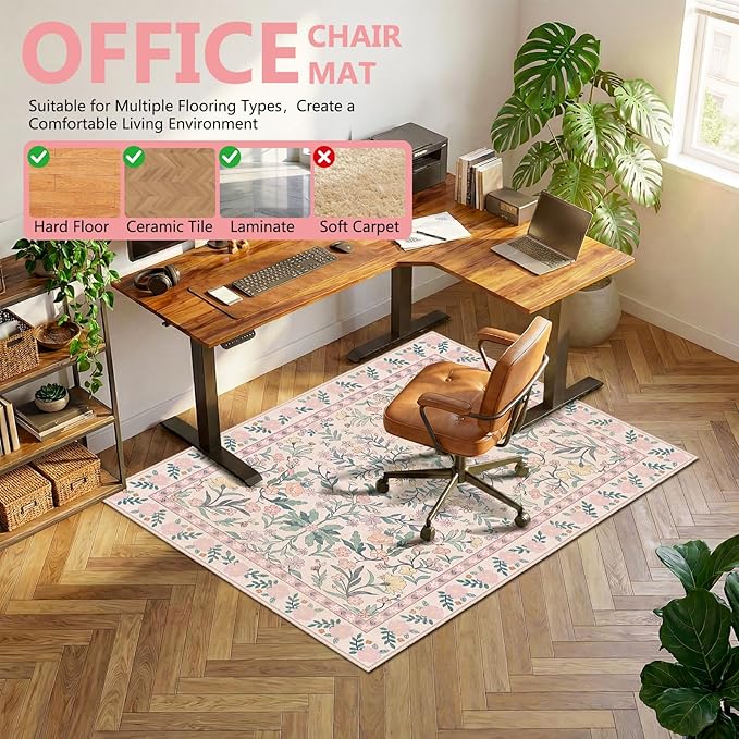 Office Chair Mat for Hardwood Floor & Tile Floor,36"x48" Heavy Duty Desk Chair Mat for Hard Floors, Under Desk Rug for Rolling Computer Chair,Anti Slip,Low Pile Carpet Floor-Pink Flowers