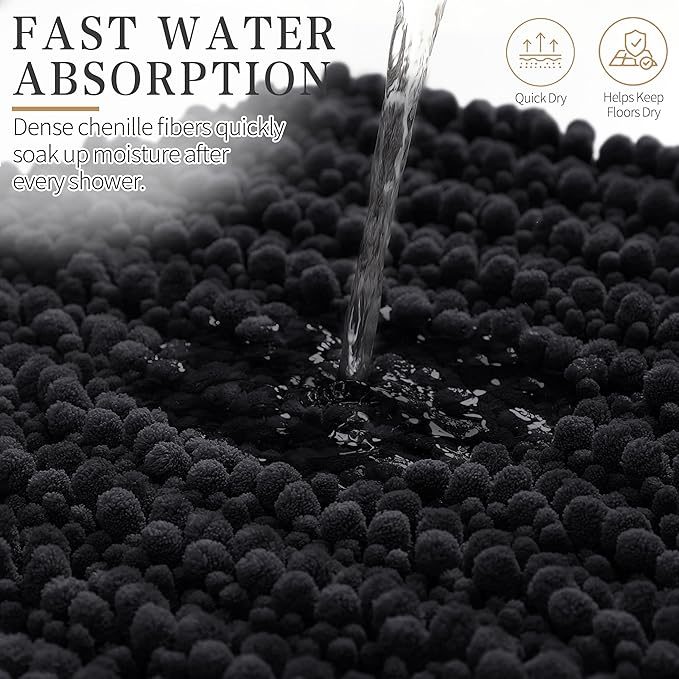 Yimobra Bathroom Rugs Non Slip Washable - Ultra Soft Absorbent Chenille Bath Mat, Quick Dry Shaggy Floor Carpet for Tub Shower, Black Home Decor Accessories, 24x17 Inch