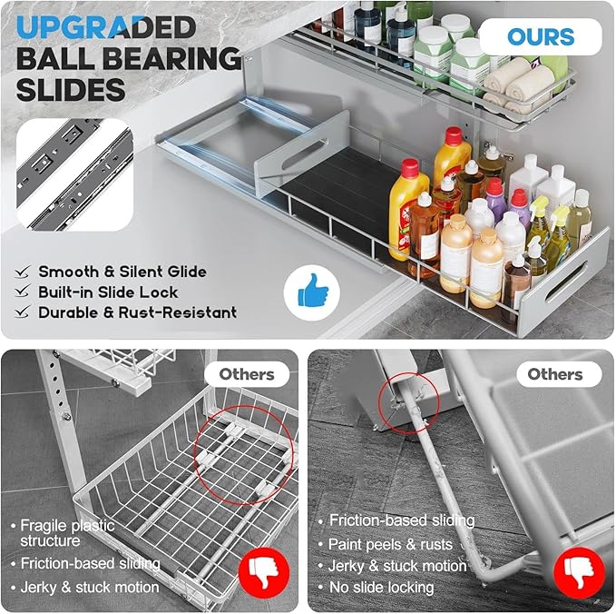 Under Sink Organizer Upgrade To Professional Rails,2-Tier Dual Pull Out Cabinet Storage,Height Adjustable Slide Out Drawers For Bathroom Kitchen,1 Pack-21"Dx12.8"-16.9"H,Gun Gray