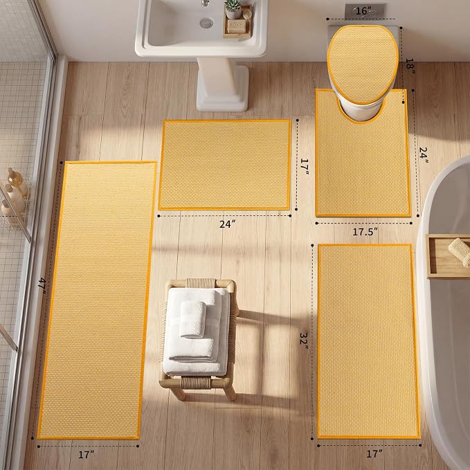YIHOUSE Thin Bath Mat Yellow Bathroom Rugs Sets 5 Pieces, Non Slip Absorbent Bath Mats Quick Dry, Woven Braided Rugs Washable, Rubber Tapetes para Baño for Bathroom Toilet,Bathtub