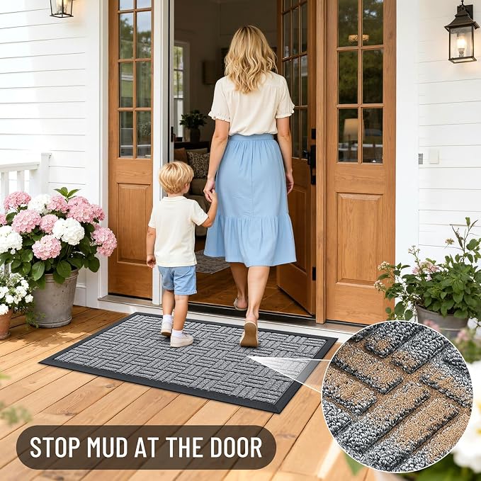 OLANLY Front Door Mat Outside Entrance 71x47, Absorbent, Heavy Duty Sturdy Natural Rubber Doormat Indoor Outdoor, Non-Slip, Stain and Fade Resistant, Low Profile Floor Mat for Entryway, Charcoal Gray