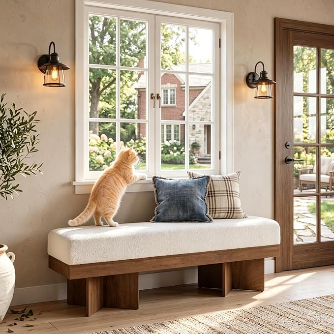 LITTLE TREE 55" Entryway Bench with Faux Lamb Wool, Upholstered Bench with X-Legs, for Living Room, Bedroom, or Foyer (White & Light Walnut)