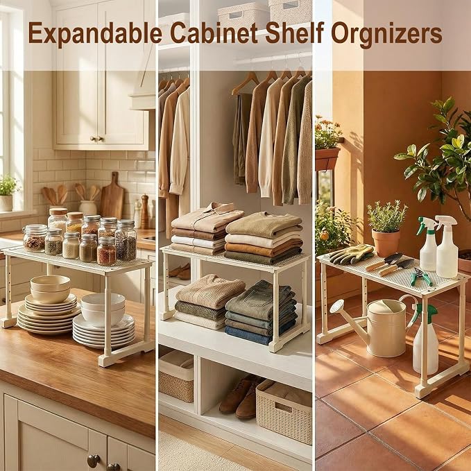 Expandable Cabinet Organizer Shelf, Adjustable Height Under Sink Storage Organizer, Shelf Riser for Kitchen, Bathroom, Wardrobe, Under Sink Counter(Beige) (1)