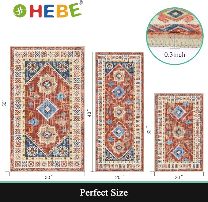 HEBE Boho Kitchen Rug Sets 3 Piece with Runner Non Slip Kitchen Rugs and Mats Washable Kitchen Mats for Floor Thick Kitchen Floor Mat Carpet Runner Rugs for Hallway Laundry Holiday Decor