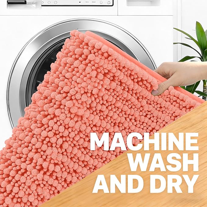 OLANLY Bathroom Rug Mat 44x32, Thick Soft and Absorbent Chenille Bath Mat, Non-Slip Rubber Backing, Machine Washable Quick Dry Bath Rugs for Tub Shower Floor, Home Decor Accessories, Coral