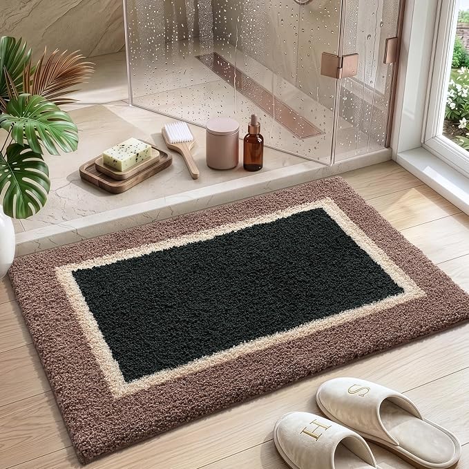 DEXI Bathroom Rugs 43x24, Absorbent Extra Soft Plush Microfiber Bath Mat for Bathroom, Non Slip Washable Bathmat Quick Dry for Shower Floor, Sink, Tub, Laundry Room, Brown and Green