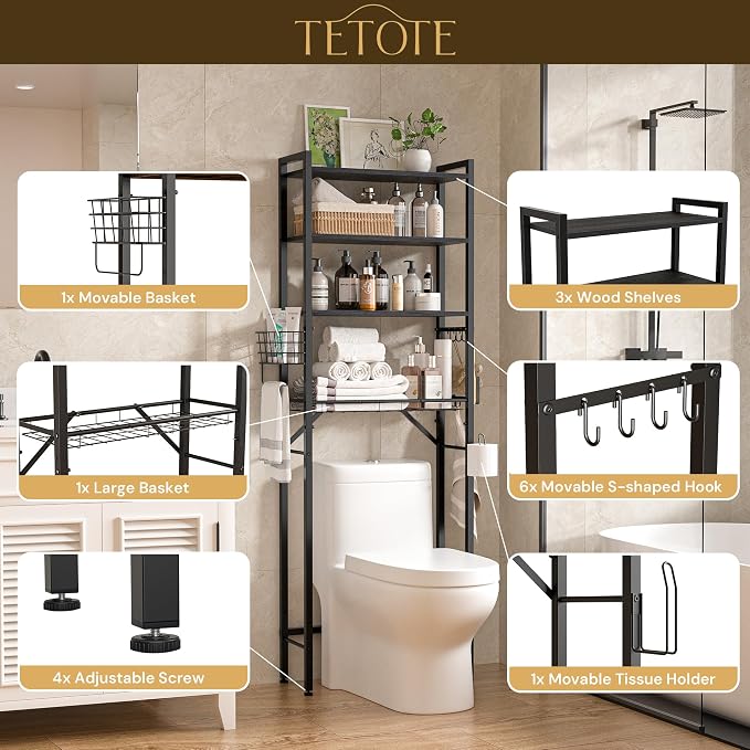TETOTE Over-The-Toilet Storage Rack, 4-Tier Bathroom Organizer Shelf Over Toilet with Adjustable Shelf and Basket, Freestanding Space Saver Bathroom Shelves Above Toilet for Room(Black)
