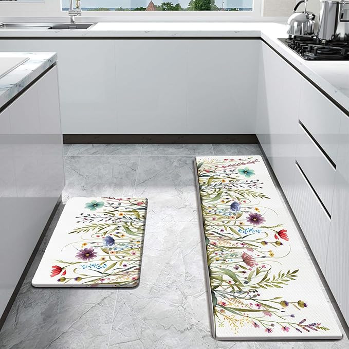 Bulijojo Wildflower Floral Anti Fatigue Kitchen Floor Mats Set of 2 Waterproof Kitchen Sink Runner Rug Standing Mat Cushioned Kitchen Rugs Comfort Doormat 17"x47"+17" x30“