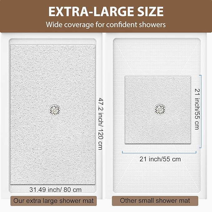 Extra Large Non Slip Shower Mat: 47.2x31.5 inch Loofah Shower Mat for Inside Shower with Drain Hole in Middle, Soft PVC Anti-Slip Shower Stall Mats for Bathroom,Wet Area, Quick Drying