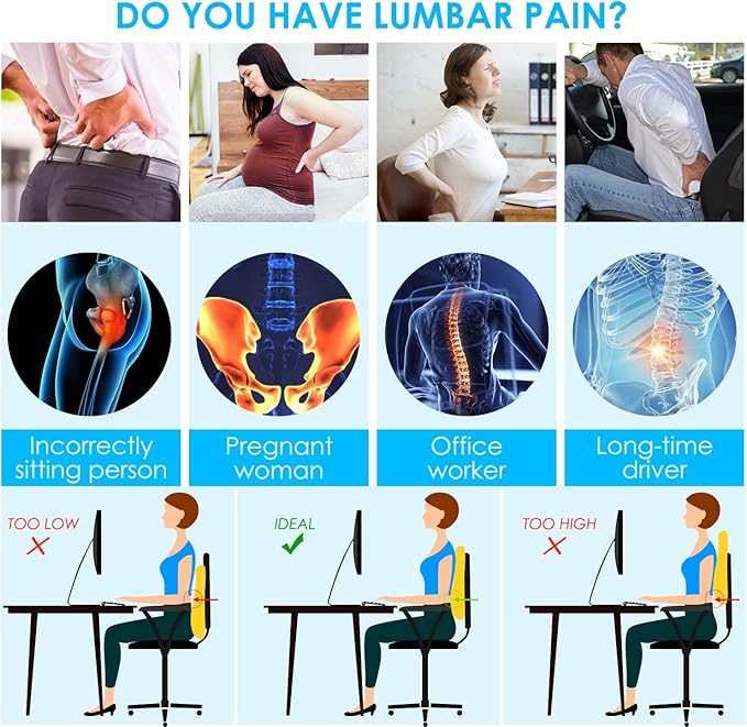 Niceeday Lumbar Support Pillow for Office Chair Car Back Support Pillow, Memory Foam Gaming Chair Desk Chair Back Cushion for Lower Back Pain Relief, Ergonomic Back Rest,Office Home Essentials