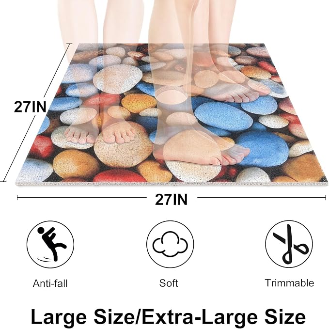 Square Shower Mat, Yonala 27 x 27 Inch Stylish Non Slip Shower Mats for Inside Shower with Central Drain Hole, Soft Trimmable PVC Loofah Anti Slip Shower Mat for Walk in Shower Stall, Quick Drying