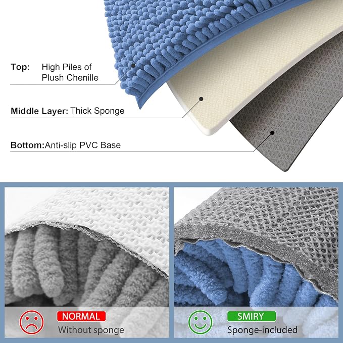 Smiry Luxury Chenille Bathroom Rugs 30x20, Extra Soft and Absorbent Shaggy Bath Mat, Machine Washable, Non-Slip Plush Carpet Runner for Tub, Shower, and Floor, Home Decor Accessories, Cornflower Blue