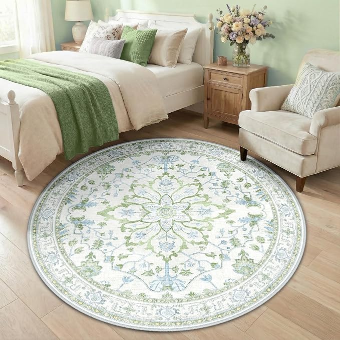 RELEANY Area Rugs Round 5ft Washable Non-Slip, Floral Vintage Distress Medallion Carpet for Living Room Bedroom Dining Room, Green White Blue