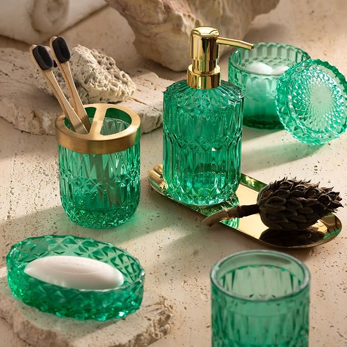 EMPO 6PCS Bathroom Clear Glass Accessories Set (Lotion Soap Dispenser, Soap Dish, Toothbrush Holder, Tumbler, Cotton Swab Jar), Contemporary Modern Decor Crystal Vintage Gift (6pcs Vintage Jade)