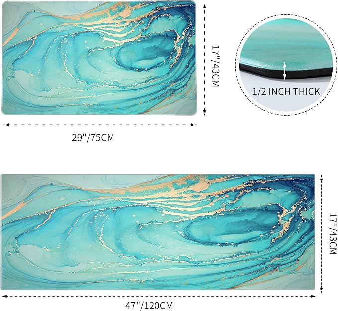 MAYHMYO Kitchen Rugs and Mats Set of 2 Teal Marble Gold Anti Fatigue Mat PVC Non Slip Turquoise Foam Cushioned Kitchen Mats for Floor Dining Room Home Office Sink Laundry