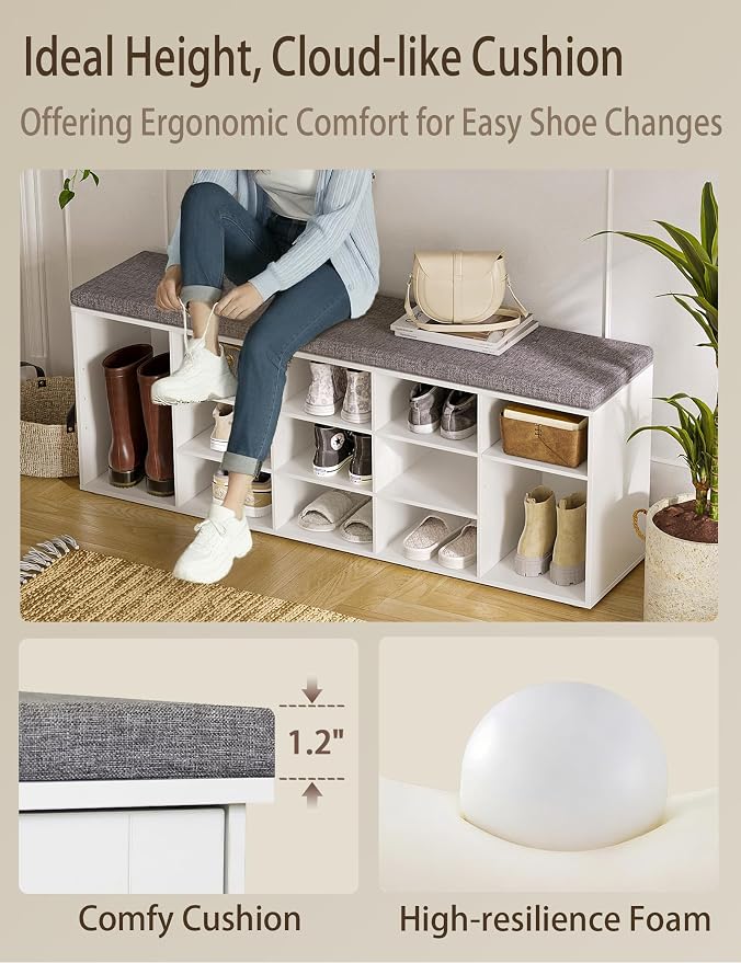 DINZI LVJ Shoe Storage Bench with Cushion, 15-Cubby Shoe Rack, Adjustable Shelves, Long Shoe Organizer Bench for Entryway, Mudroom, Hallway, Living Room, Bedroom and Garage, White
