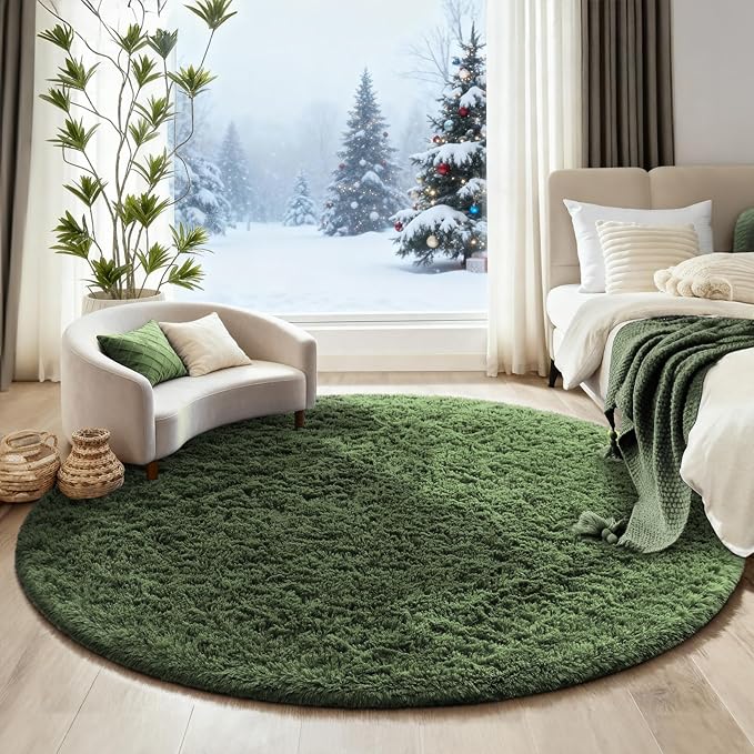 Ophanie Round Rug 6Ft Grey Green Circle Area Rug, Grayish Green Room Decor, Fluffy Fuzzy Bedroom Carpet, Plush Soft Shaggy Living Room Rugs for Kids Home Decor Aesthetic, Nursery