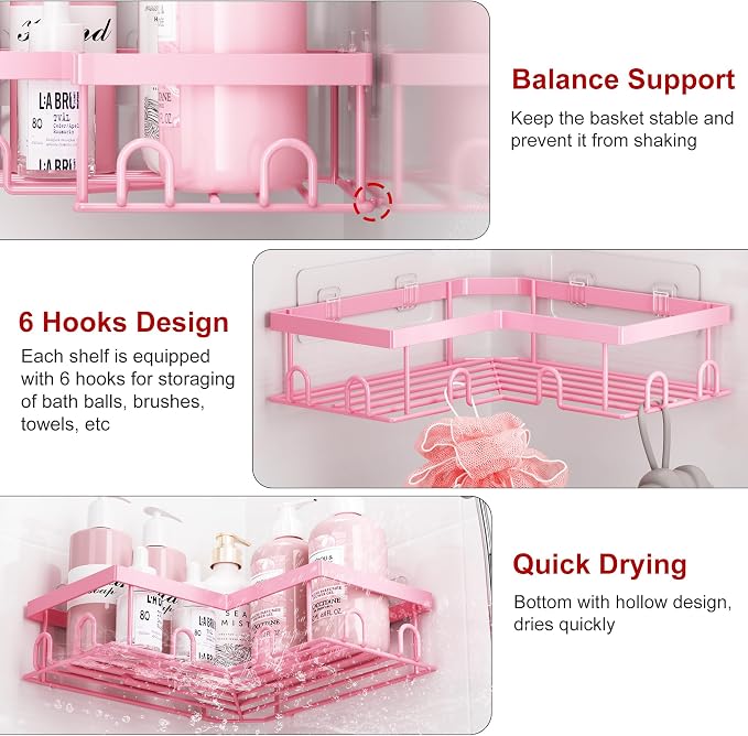 Liuoud Corner Shower Caddy 5 Pack, Rustproof Stainless Steel Shower Organizer with Soap Rack Toothbrush Holder, Large Capacity Adhesive No Drilling Bathroom Kitchen&Home Decor Set, Pink