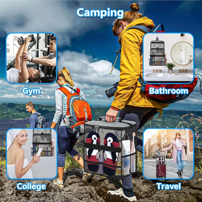 Boczif Shower Bag Mesh Caddy, Toiletry Bags for Travel, Bathroom, Gym, Camp Women Men, Shower Organizer Tote Bag for College Dorm Students Girls Boys, Portable Quick Dry and with Metal Hook