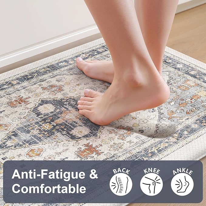 Collive Boho Kitchen Mats for Floor 2 PCS, Cushioned Anti Fatigue Kitchen Floor Mat Non-Skid Waterproof Sink Rug, Blue/Multi Comfort Standing Desk Mat for Office, Home, 17.3"x29"+17.3"x47"