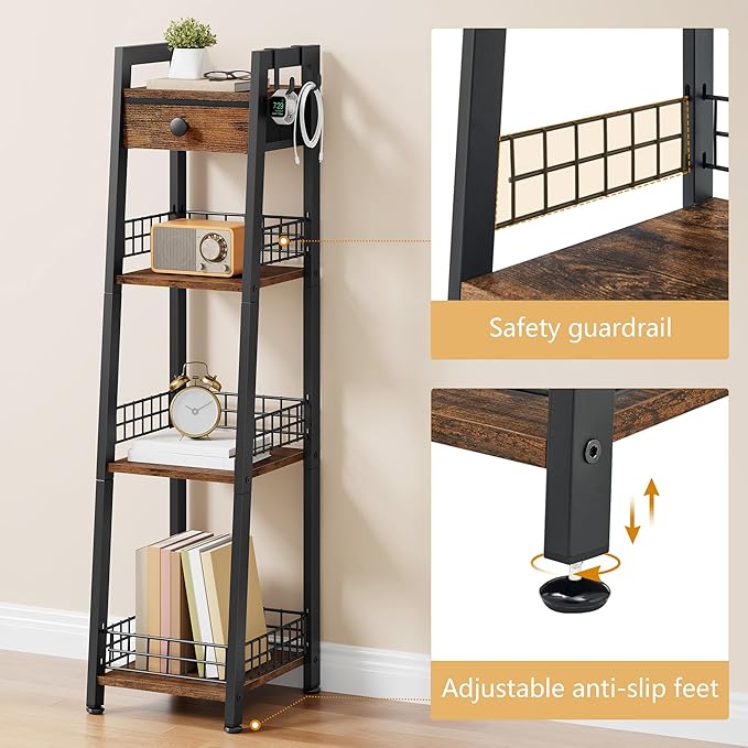 Gewudraw 4-Tier Narrow Ladder Shelf with Drawer, Bathroom Table Stand for Small Space, Narrow Bathroom Standing Shelves with Storage for Living Room Bedroom Kitchen, Organizer Shelf, Rustic Brown