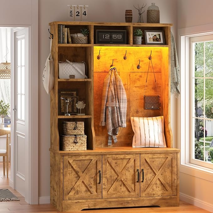 CSZZD Hall Tree with Bench and Shoe Storage, Farmhouse Entryway Bench with Coat Racks and Led Lights, Tall Hall Tree with 7 Coat Hooks, 6 Storage Cubbies, Adjustable Shelf, Rustic