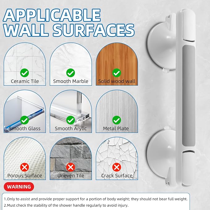Grab Bar for Bathtubs and Showers, Zynuhmo 12 Inch Suction Cup Safety Grab Bar with 1PCS Bath Ball No Drilling Suction Shower Handrails for Seniors Elderly Kids Bathroom Assist Support(1Pack, Gray)