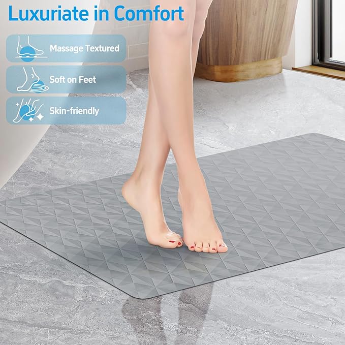 Non Slip Bathtub Mat for Bath Tub Shower - Natural Rubber Mat with 241 Suction Cups - Soft Bathroom Safety Mat - Unique Diamond Pattern - Fatigue Relief - Machine Washable - 16 × 28 Inch