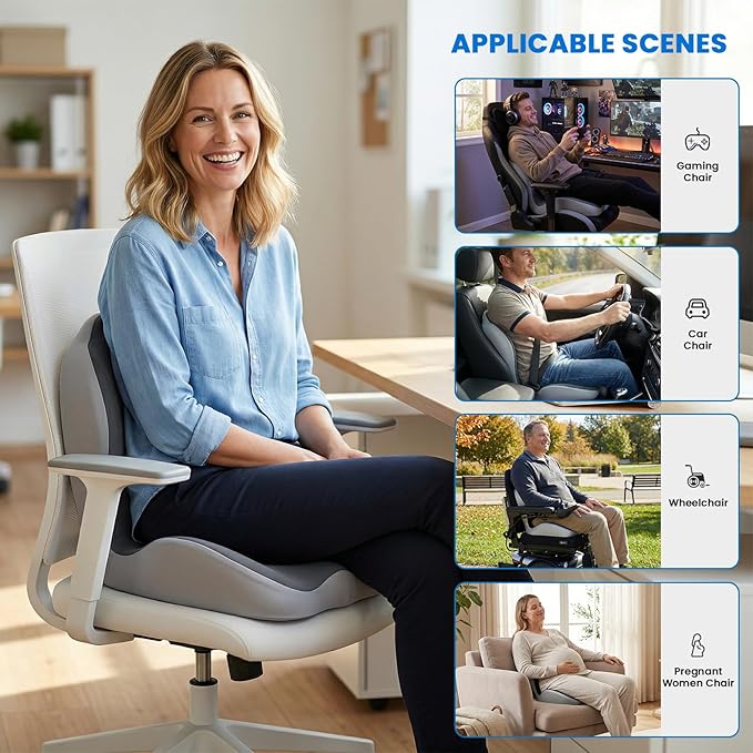 Ergonomic Seat Cushion for Tailbone Sciatica Lower Back Pain Relief, Gray L-Shaped Seashell Memory Foam Coccyx Hollow Cushion, 2-in-1 Lumbar Back Support Pillow for Office Gaming Car Chair