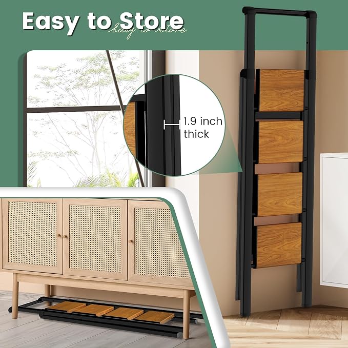 Step Ladder 4 Step Folding with Handle, Kitchen Step Stool for Adults, Aluminum Ladders for Home