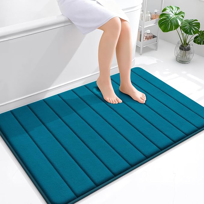 OLANLY Memory Foam Bath Mat 44x32, Super Soft Absorbent Bathroom Rugs, Quick Dry, Machine Washable Shower Floor Rugs, Bathmat Carpet, Bathroom Home Decor Accessories, Peacock Blue